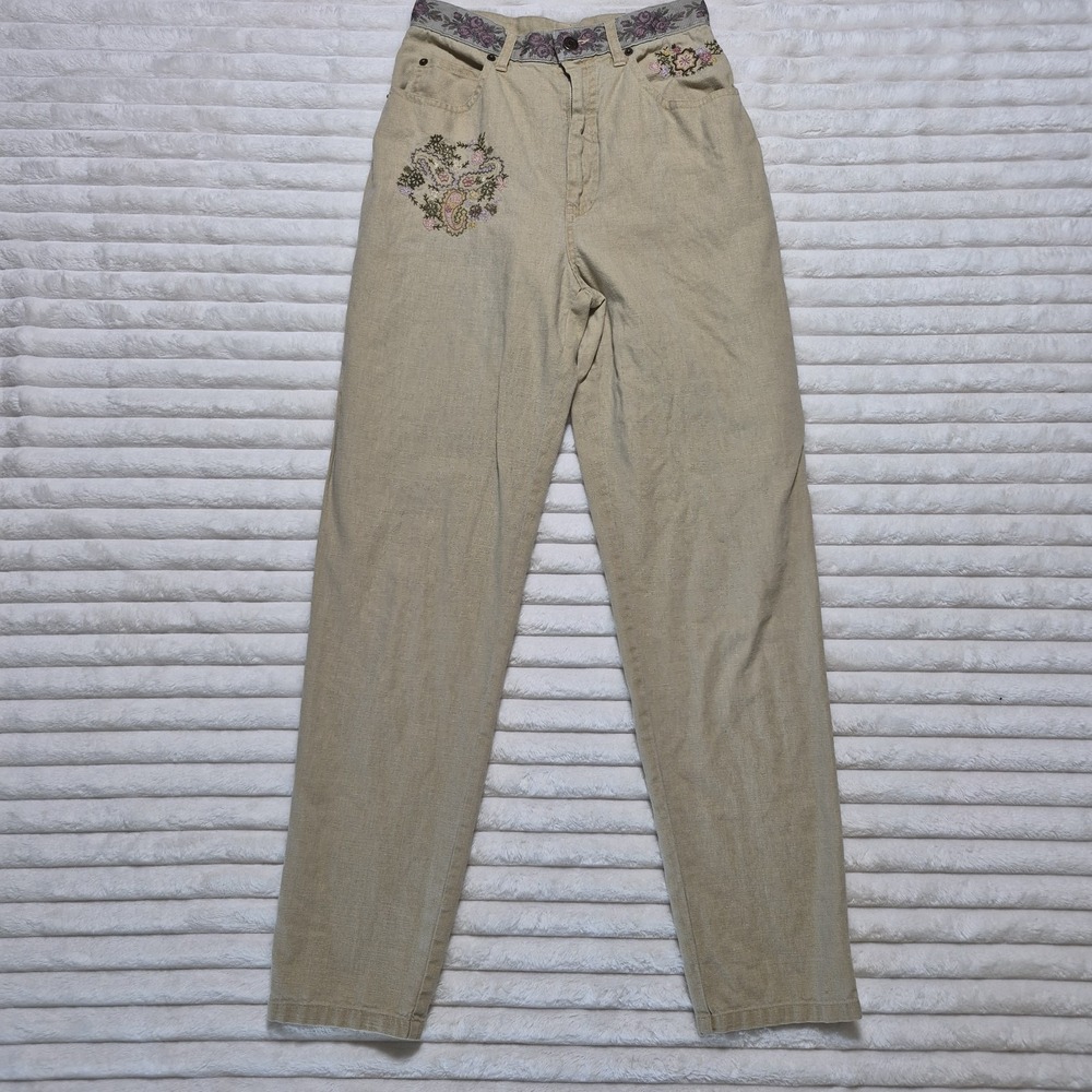 Womens Cotton Linene‎ Blend Straight Leg Tan Embroidered Pants Size 6